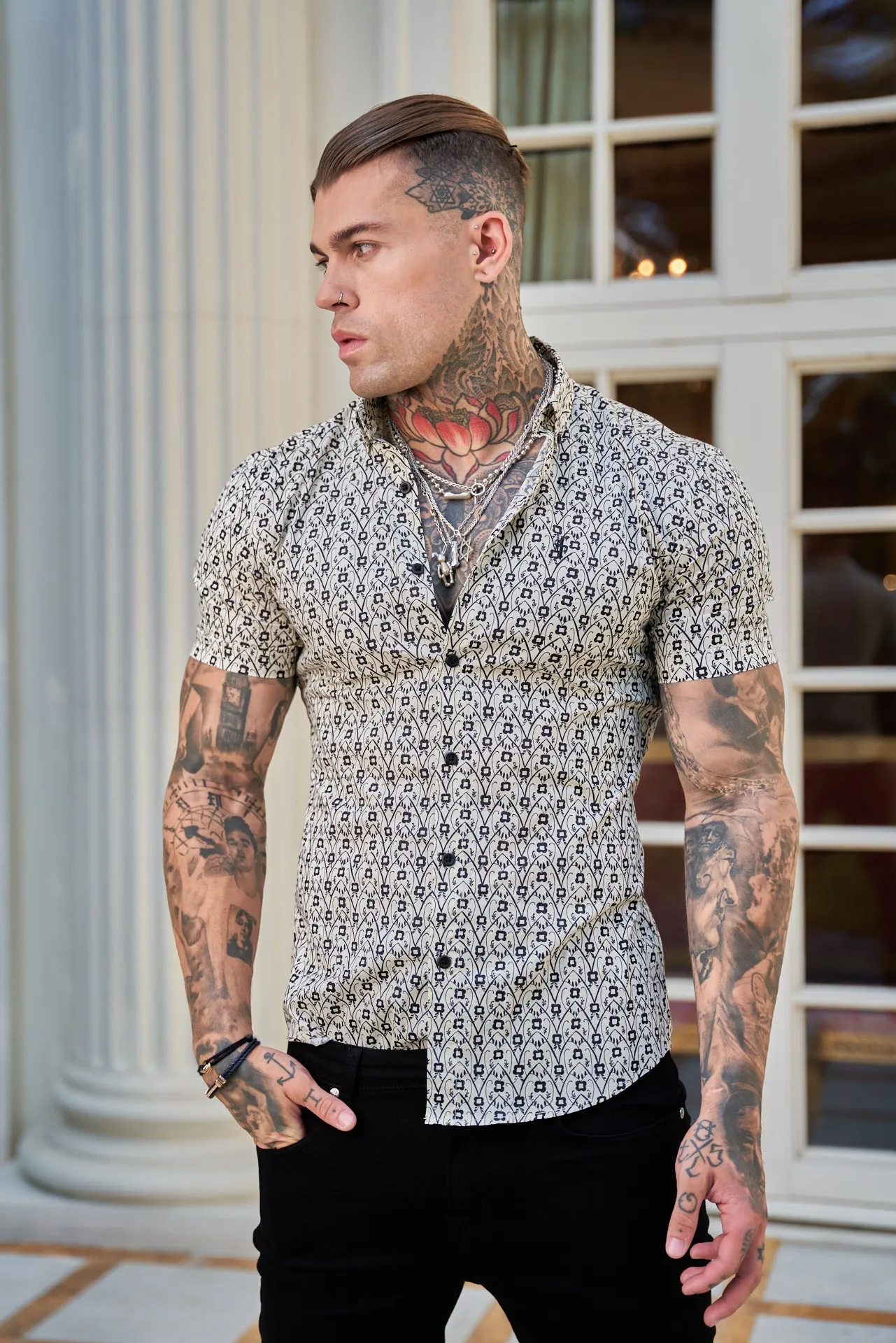 Father Sons Super Slim Stretch Ecru / Black Geo Flower Print Short Sleeve with Button Down Collar - FS788 sold by Father Sons