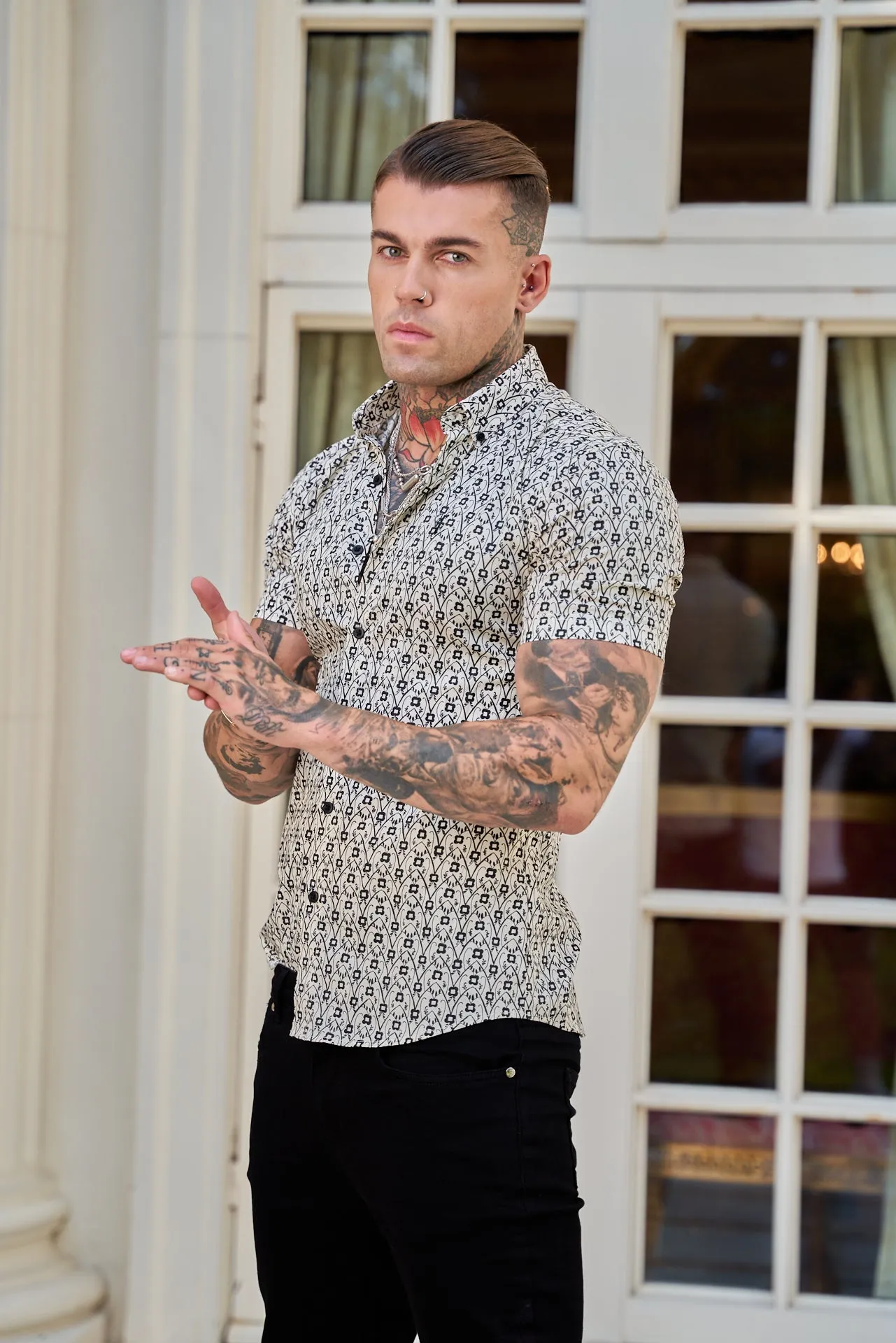 Father Sons Super Slim Stretch Ecru / Black Geo Flower Print Short Sleeve with Button Down Collar - FS788 sold by Father Sons product image thumbnail 5