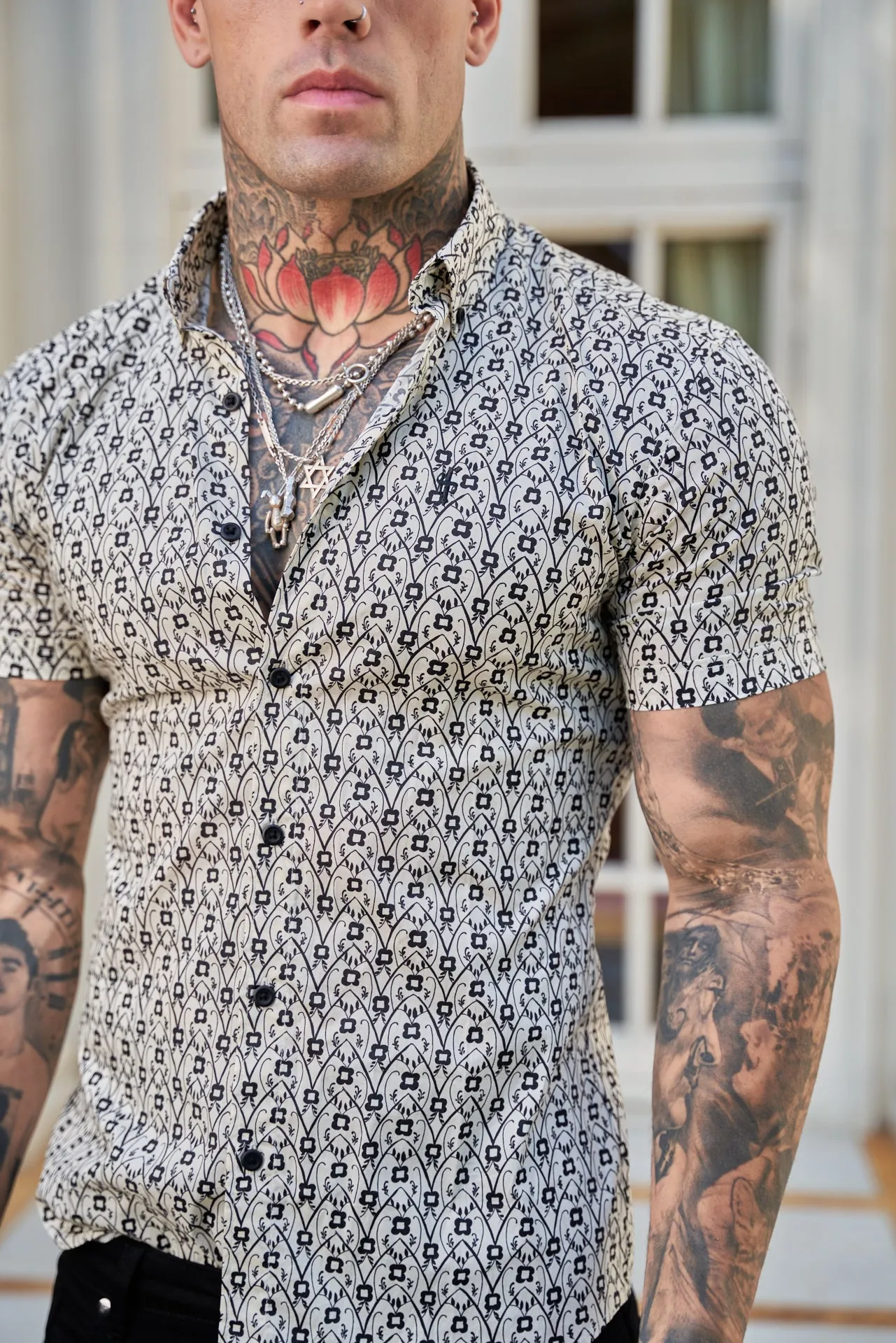 Father Sons Super Slim Stretch Ecru / Black Geo Flower Print Short Sleeve with Button Down Collar - FS788 sold by Father Sons product image thumbnail 3