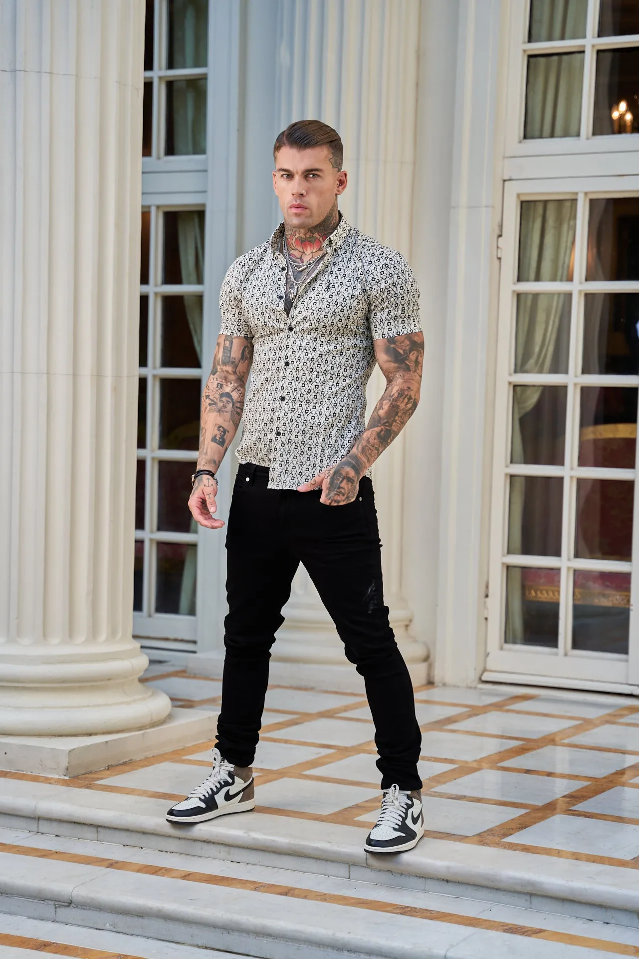 Father Sons Super Slim Stretch Ecru / Black Geo Flower Print Short Sleeve with Button Down Collar - FS788 sold by Father Sons product image thumbnail 2