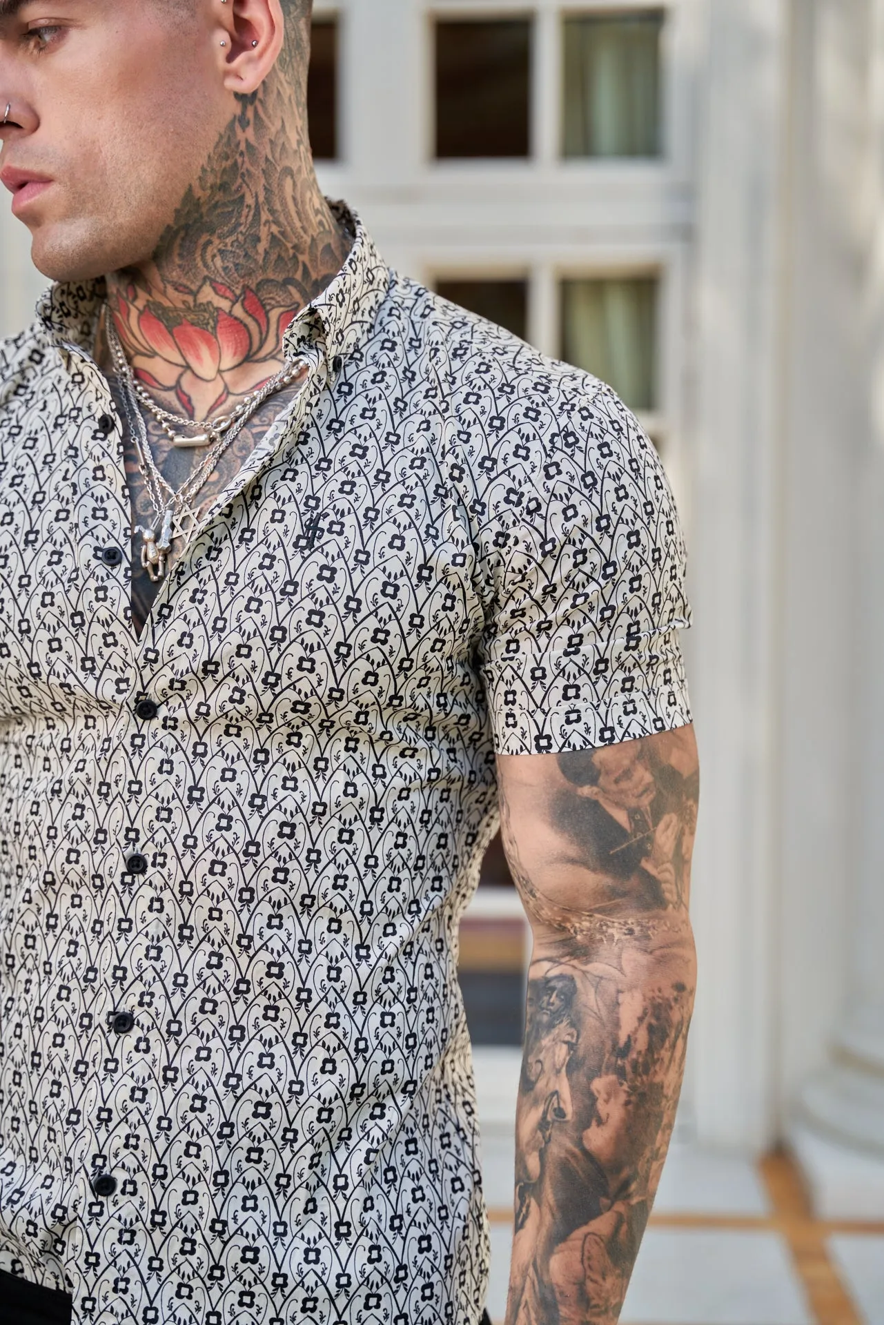 Father Sons Super Slim Stretch Ecru / Black Geo Flower Print Short Sleeve with Button Down Collar - FS788 sold by Father Sons product image thumbnail 4