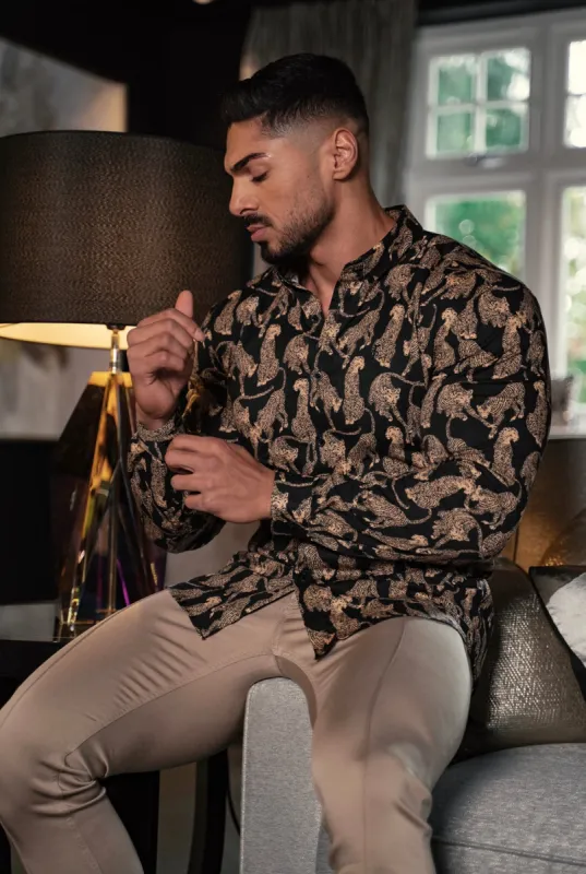 Father Sons Super Slim Stretch Black / Tan Cheetah Print Long Sleeve with Button Down Collar - FS795 sold by Father Sons