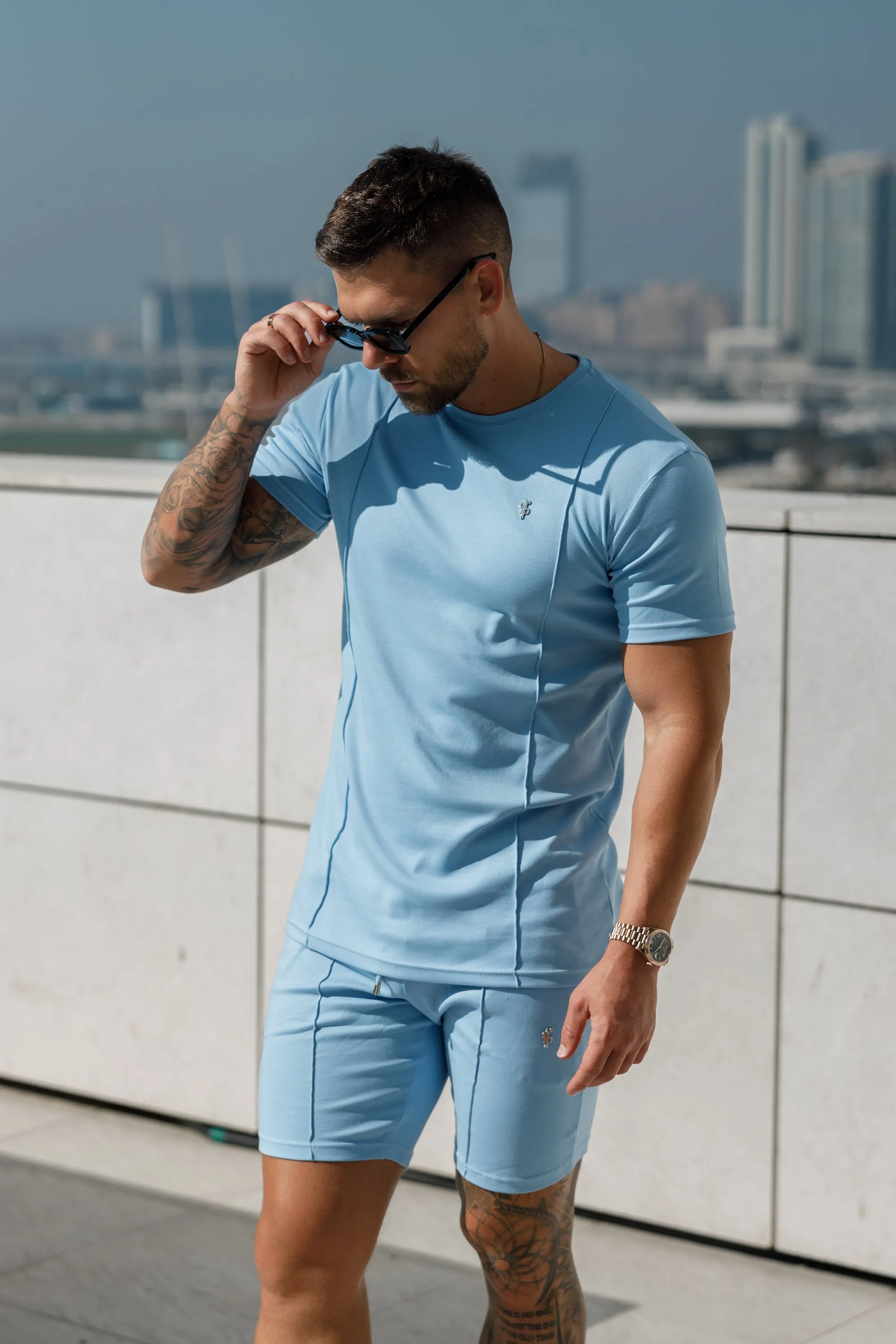 Father Sons Light Blue / Silver Crew T Shirt With Pintuck Detail - FSH1051 sold by Father Sons