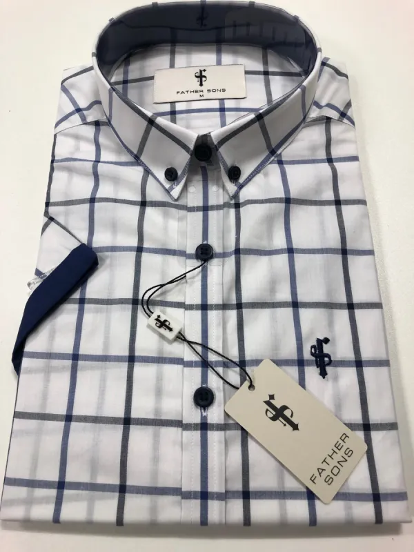 Father Sons Classic White Navy Check Print Short Sleeve - FS192 sold by Father Sons