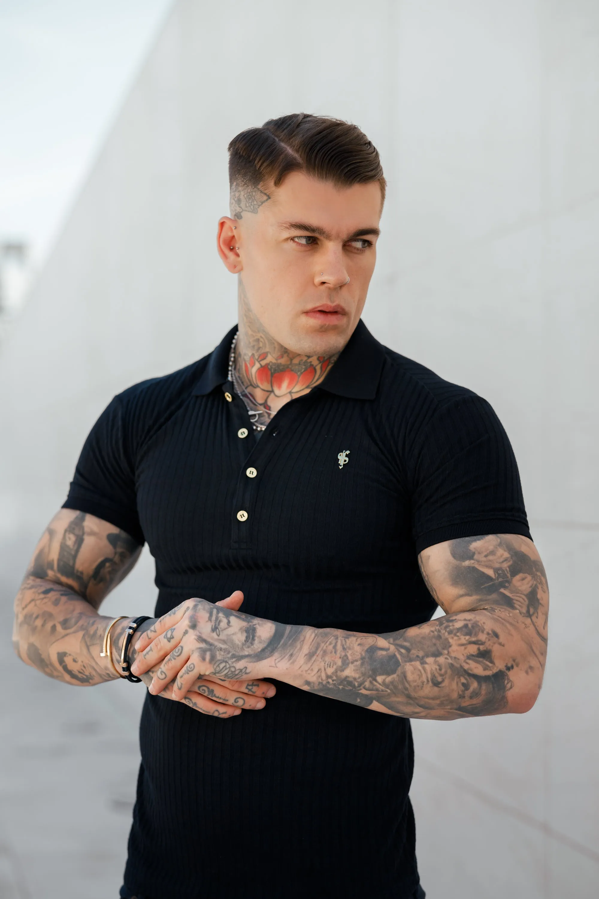 Father Sons Classic Navy Ribbed Polo Shirt with Gold Metal Emblem Decal & Buttons- FSH694 sold by Father Sons product image thumbnail 4