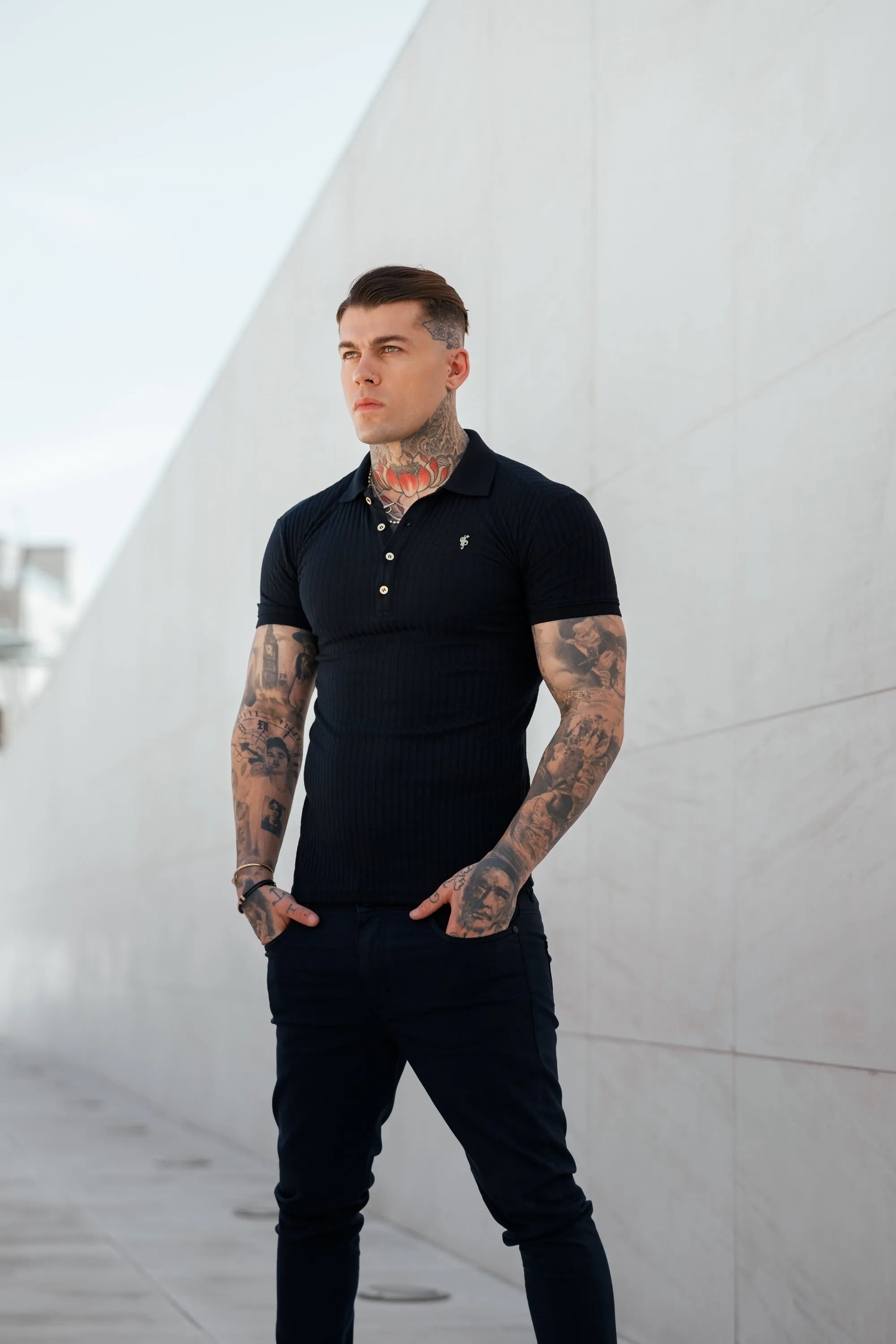 Father Sons Classic Navy Ribbed Polo Shirt with Gold Metal Emblem Decal & Buttons- FSH694 sold by Father Sons product image thumbnail 2