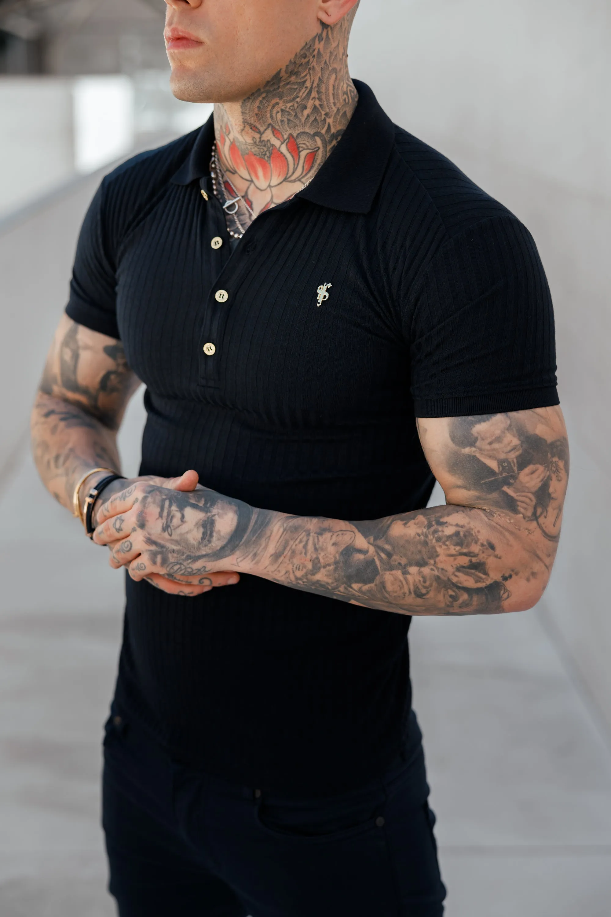 Father Sons Classic Navy Ribbed Polo Shirt with Gold Metal Emblem Decal & Buttons- FSH694 sold by Father Sons product image thumbnail 3