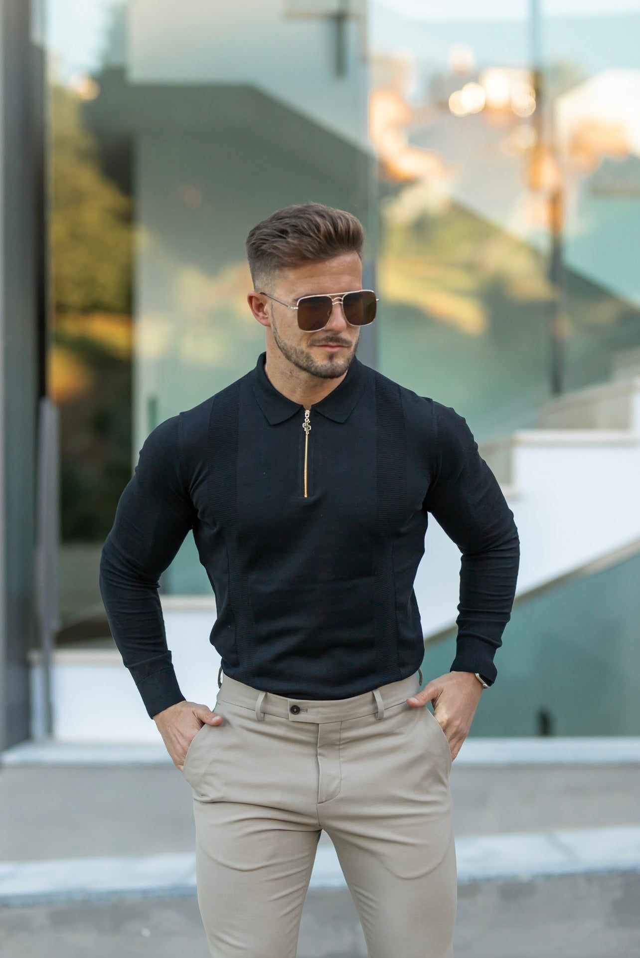 Classic Black and Gold Zip Knitted Polo Shirt Long Sleeve - FSN126 sold by Father Sons product image thumbnail 6