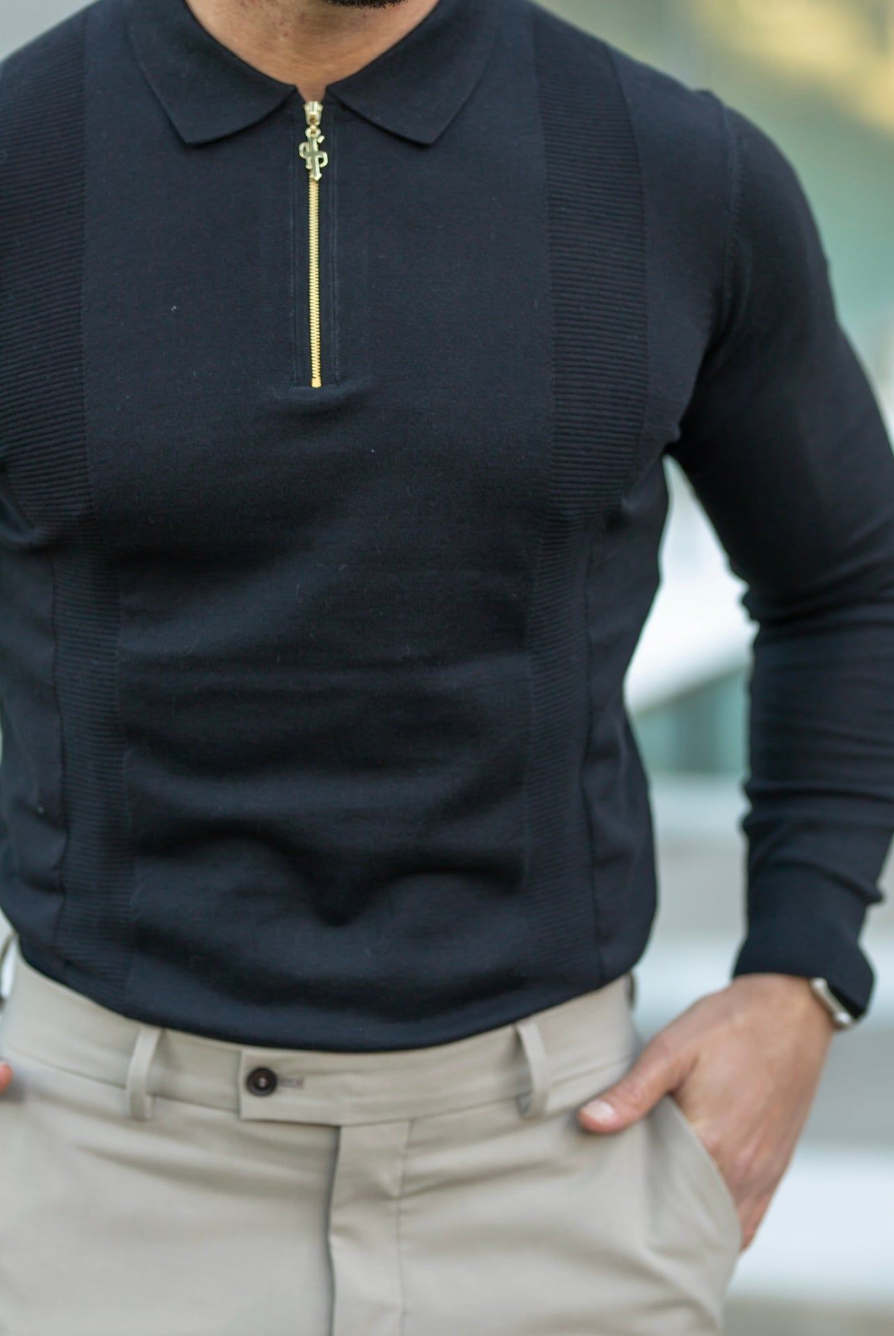 Classic Black and Gold Zip Knitted Polo Shirt Long Sleeve - FSN126 sold by Father Sons product image thumbnail 2
