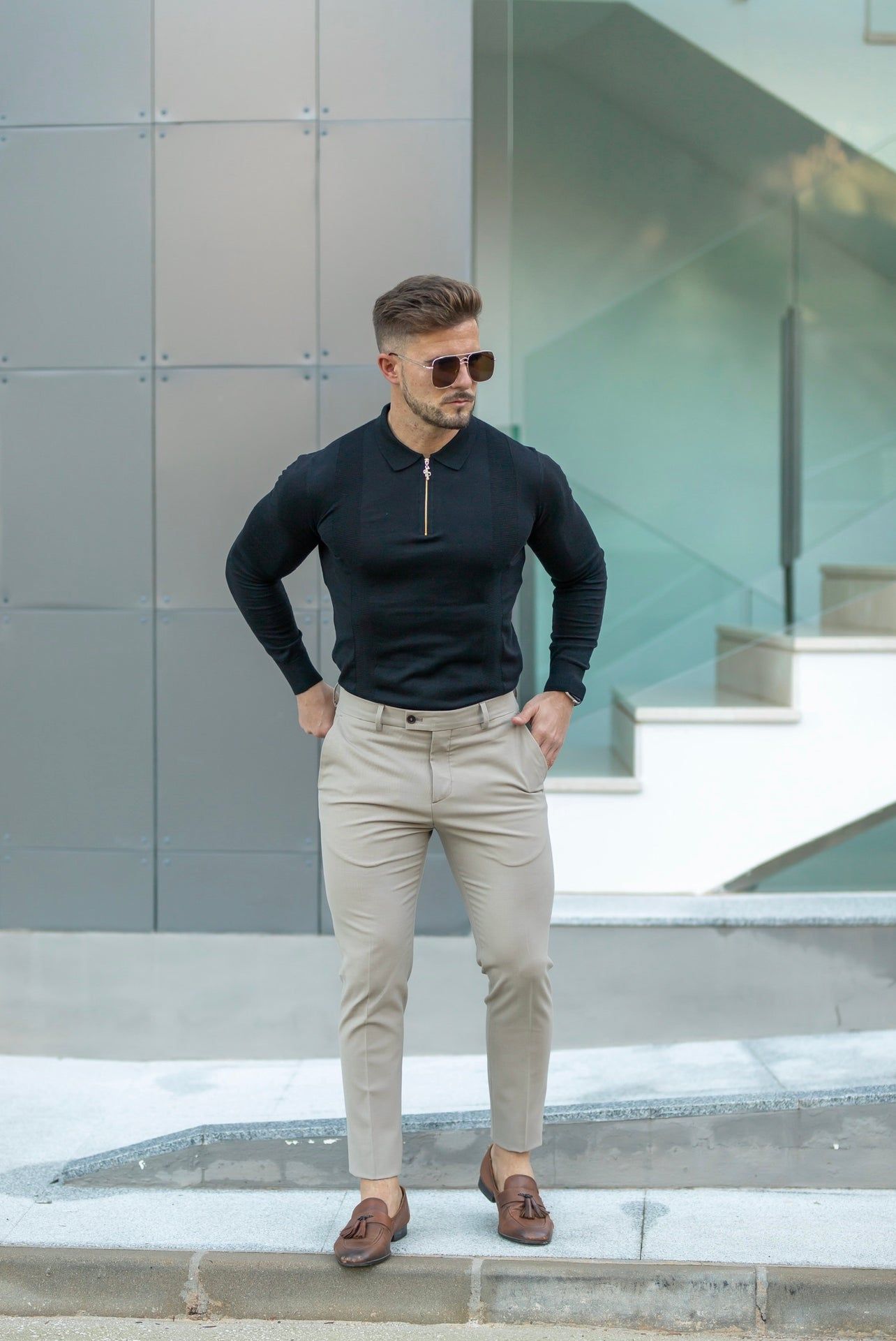 Classic Black and Gold Zip Knitted Polo Shirt Long Sleeve - FSN126 sold by Father Sons product image thumbnail 4