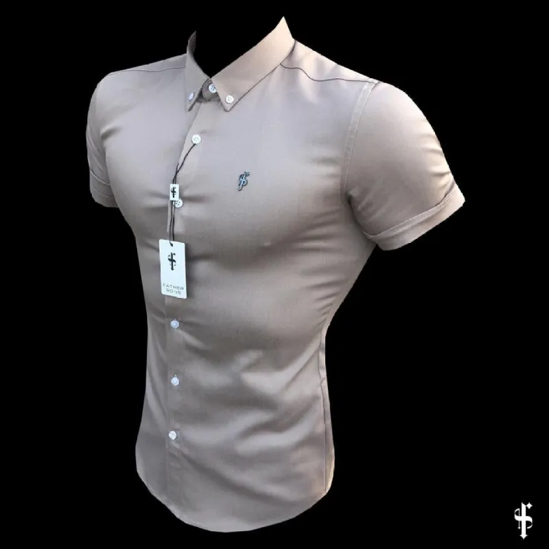 Father Sons Super Slim Stretch Beige Denim Short Sleeve with Metal Decal Emblem - FS647 sold by Father Sons