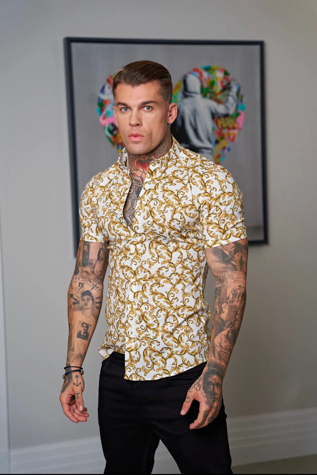 Father Sons Super Slim Stretch White / Gold Scroll Print Short Sleeve with Button Down Collar - FS823 sold by Father Sons product image thumbnail 2