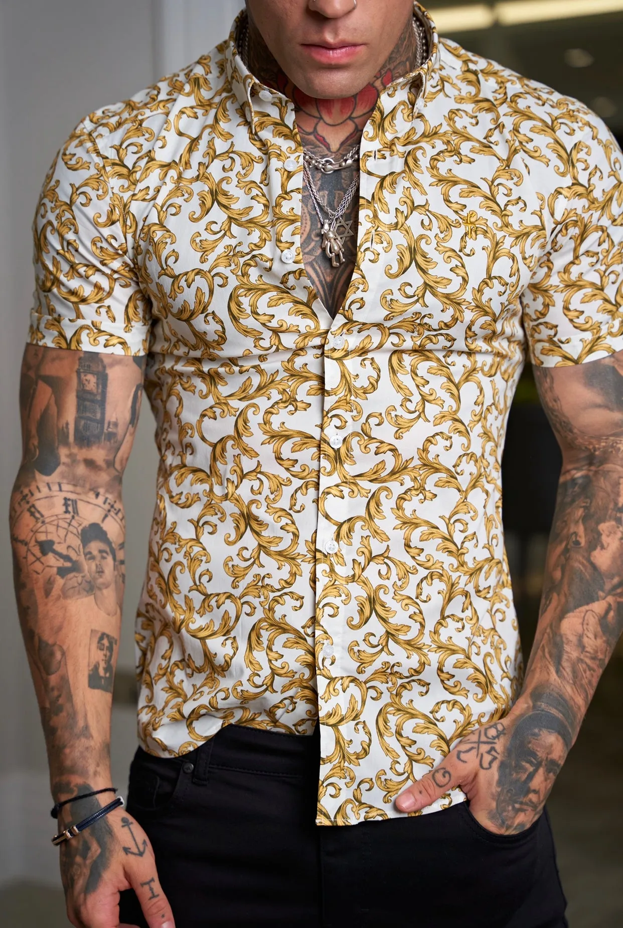 Father Sons Super Slim Stretch White / Gold Scroll Print Short Sleeve with Button Down Collar - FS823 sold by Father Sons product image thumbnail 4