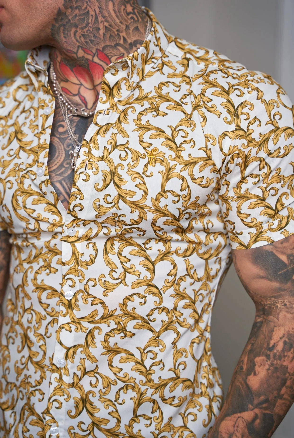 Father Sons Super Slim Stretch White / Gold Scroll Print Short Sleeve with Button Down Collar - FS823 sold by Father Sons product image thumbnail 5