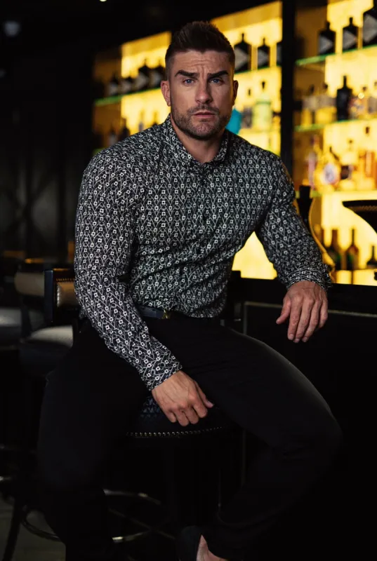 Father Sons Super Slim Stretch Black and Ecru Geo Flower Print Long Sleeve with Button Down Collar - FS793 sold by Father Sons
