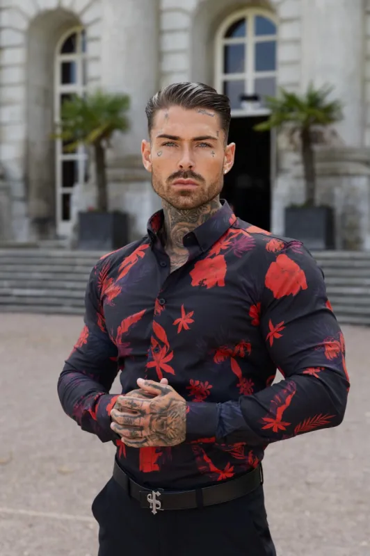 Father Sons Super Slim Stretch Black and Red Floral Print Long Sleeve with Button Down Collar - FS770 sold by Father Sons