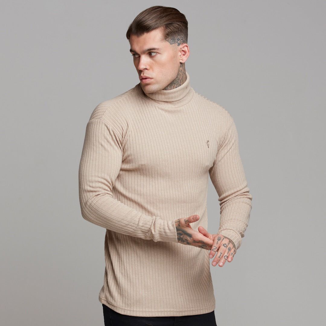 Father Sons Classic Beige Ribbed Knit Roll-neck Sweater - FSH292 sold by Father Sons product image thumbnail 4