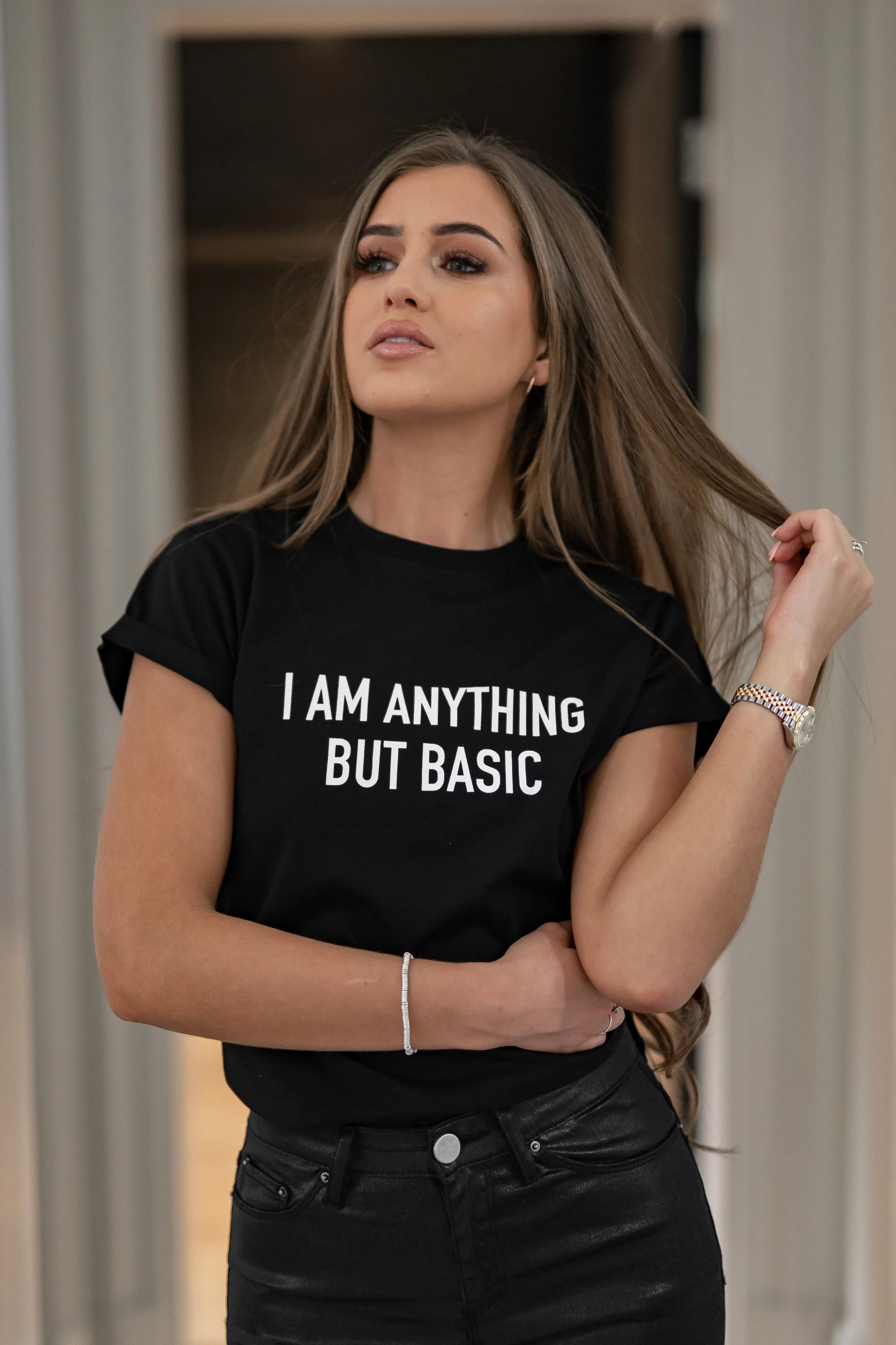 'I'M ANYTHING BUT BASIC' - CT099 BLACK SLOGAN T SHIRT sold by Father Sons