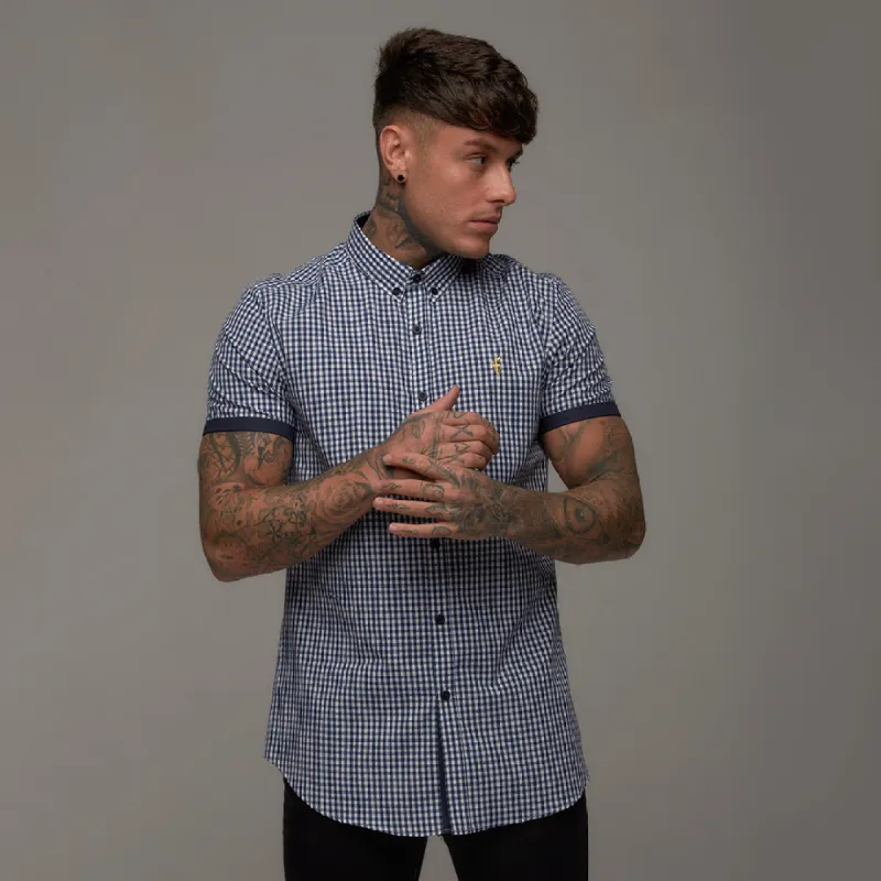 Father Sons Classic Navy White Gingham Dobby Short Sleeve (Gold Emblem) - FS243 (LAST CHANCE) sold by Father Sons
