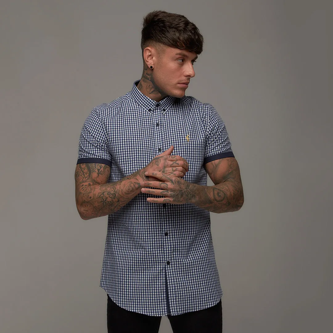 Father Sons Classic Navy White Gingham Dobby Short Sleeve (Gold Emblem) - FS243 (LAST CHANCE) sold by Father Sons