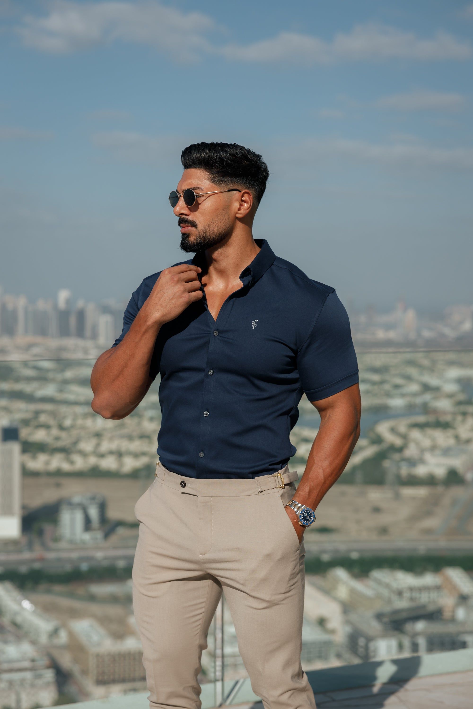 Father Sons Super Slim Stretch New Navy Denim Short Sleeve With Button Down Collar - FS1019 sold by Father Sons