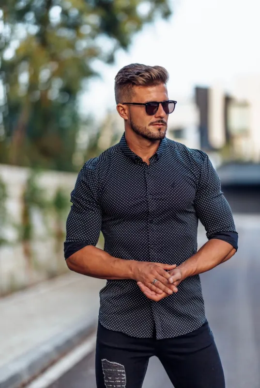 Father Sons Super Slim Stretch Black & White Ditsy Print Long Sleeve FS414 sold by Father Sons