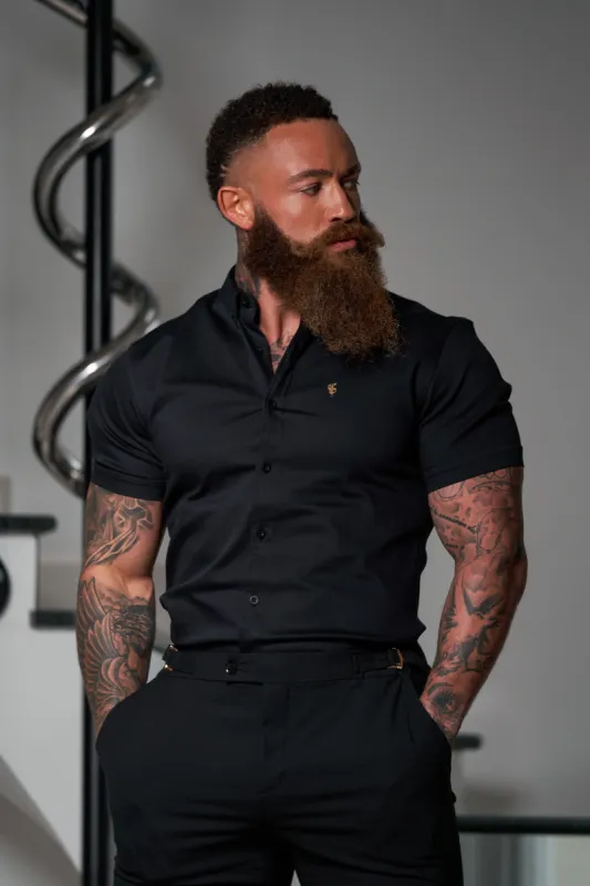 Father Sons Super Slim Stretch Black Denim Short Sleeve with Gold Metal Decal and Button Down Collar - FS1041 sold by Father Sons