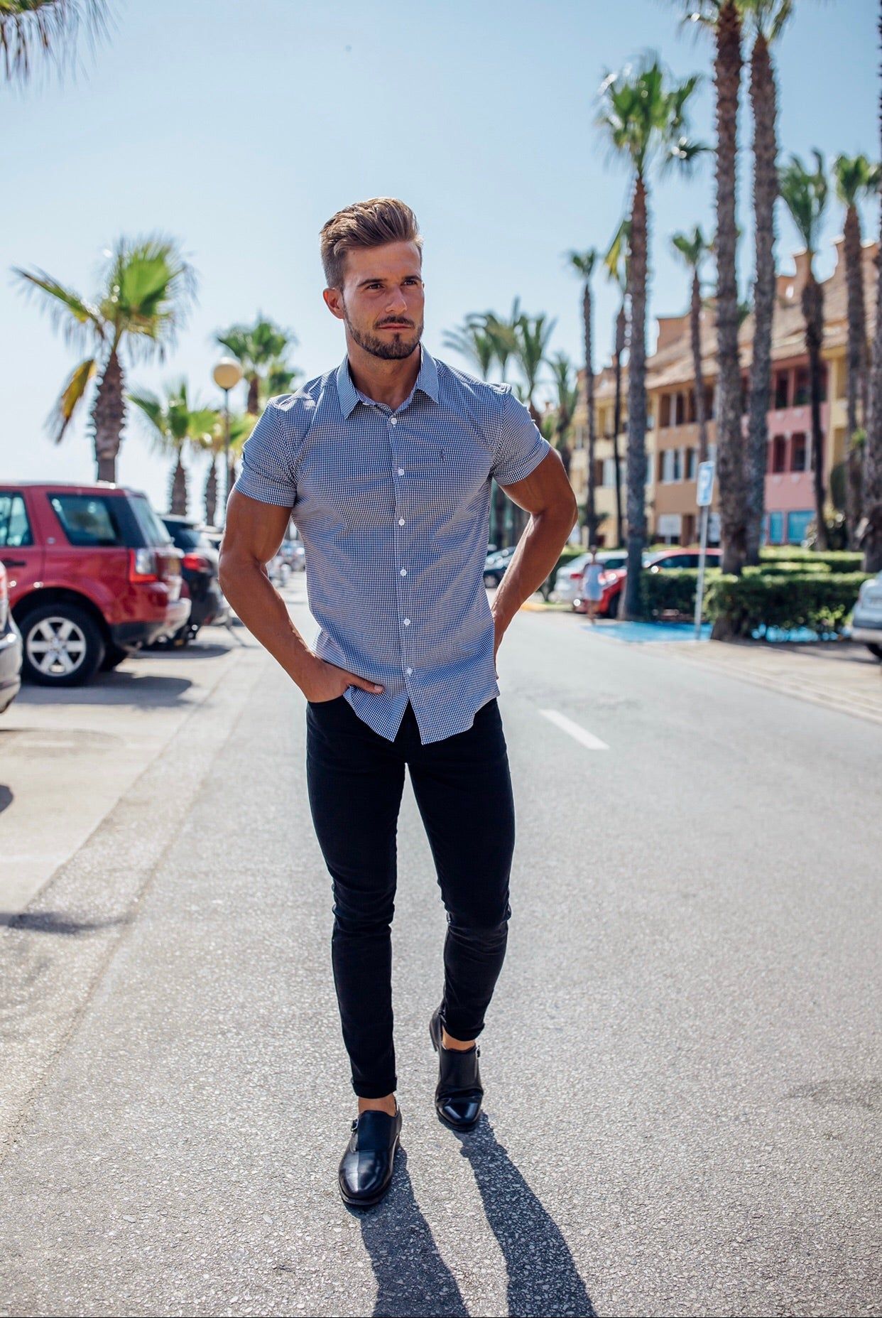 Father Sons Super Slim Stretch Black Gingham Short Sleeve (Grey Emblem) - FS578 sold by Father Sons product image thumbnail 3