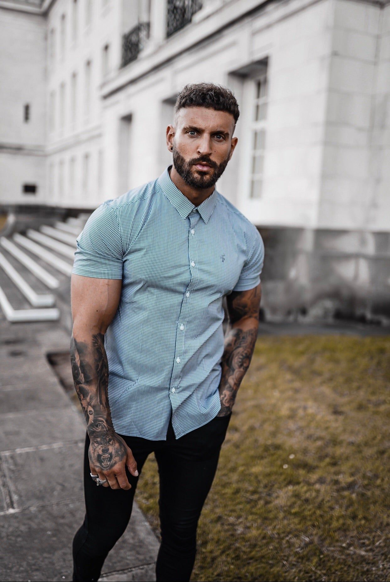 Father Sons Super Slim Stretch Black Gingham Short Sleeve (Grey Emblem) - FS578 sold by Father Sons product image thumbnail 4