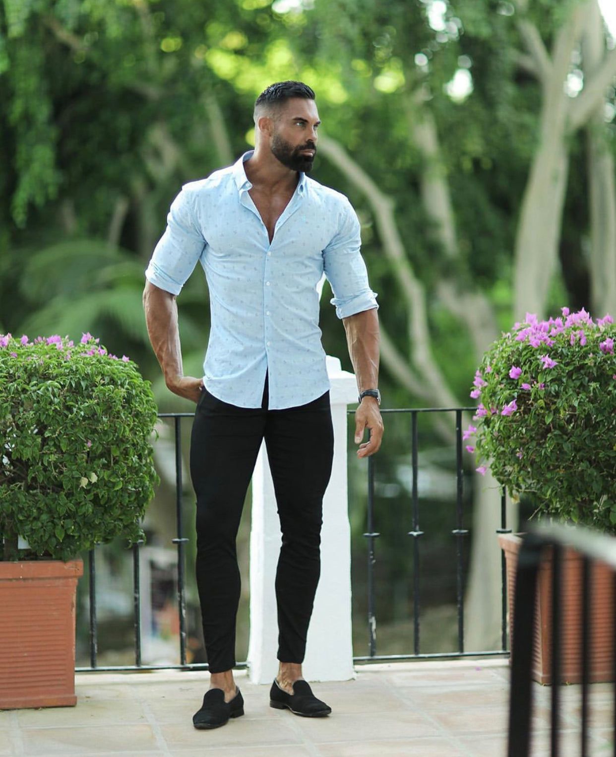 Father Sons Super Slim Stretch Light Blue Multi Floral Print Long Sleeve - FS668 sold by Father Sons