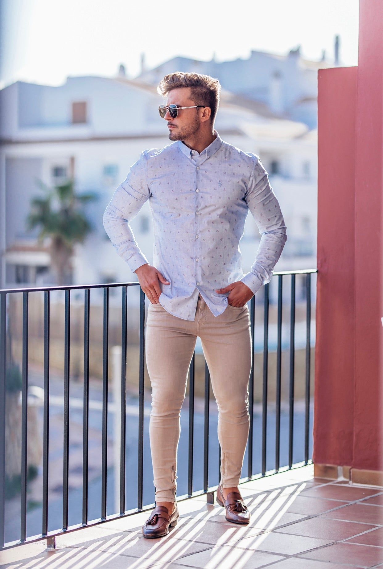 Father Sons Super Slim Stretch Light Blue Multi Floral Print Long Sleeve - FS668 sold by Father Sons product image thumbnail 4