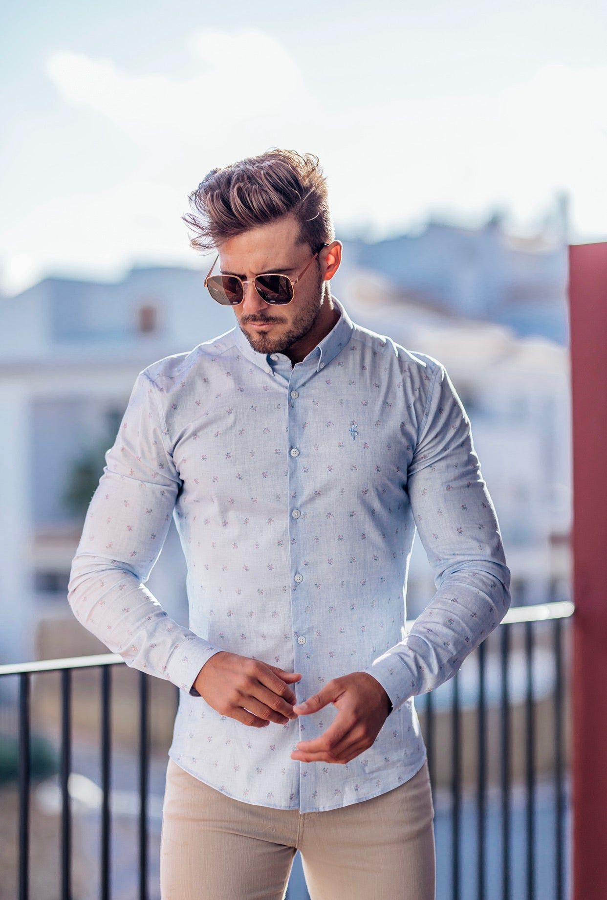 Father Sons Super Slim Stretch Light Blue Multi Floral Print Long Sleeve - FS668 sold by Father Sons product image thumbnail 3