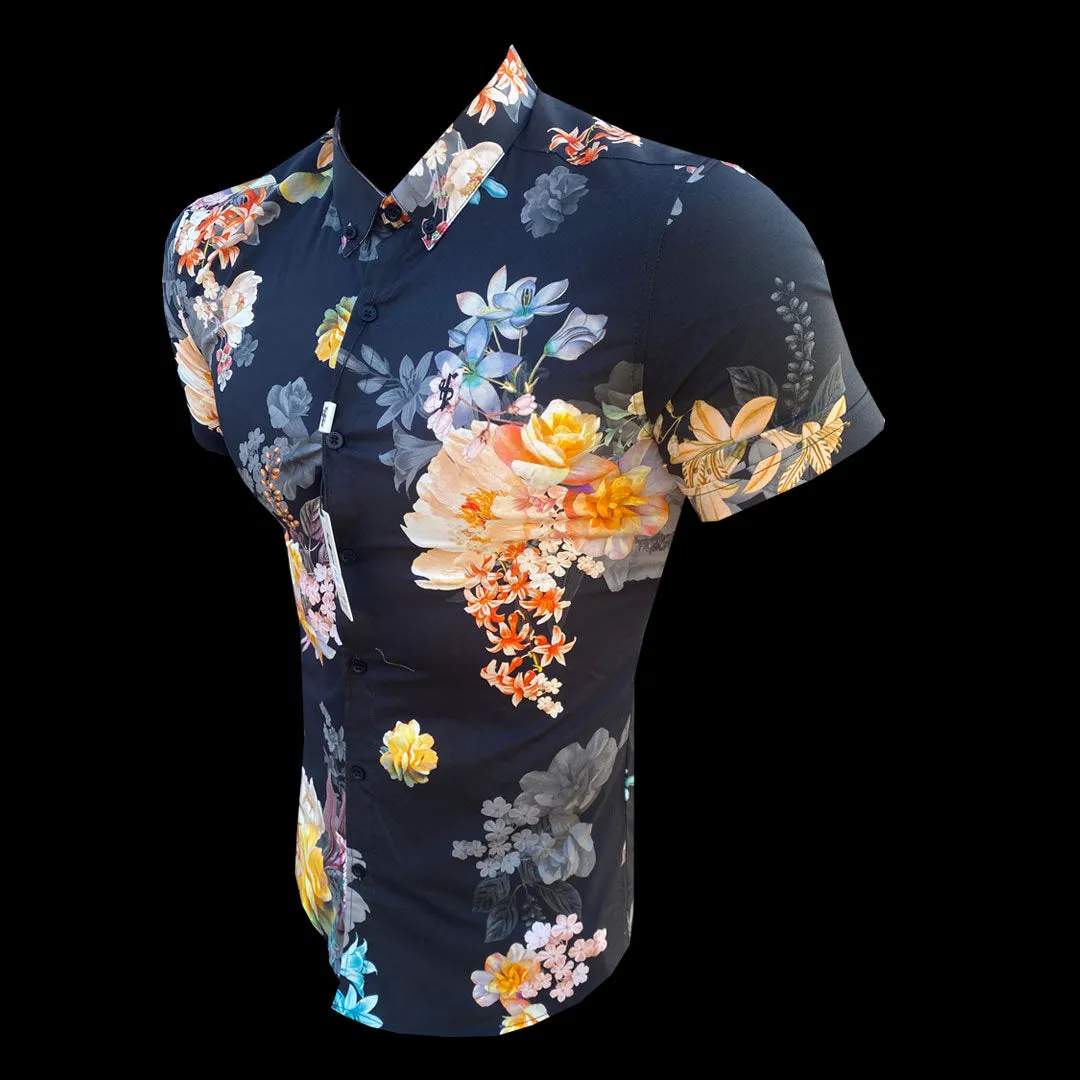 Father Sons Super Slim Stretch Black Mixed Lily Floral Print Short Sleeve with Button Down Collar - FS855 sold by Father Sons product image thumbnail 3