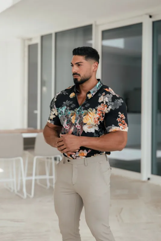 Father Sons Super Slim Stretch Black Mixed Lily Floral Print Short Sleeve with Button Down Collar - FS855 sold by Father Sons
