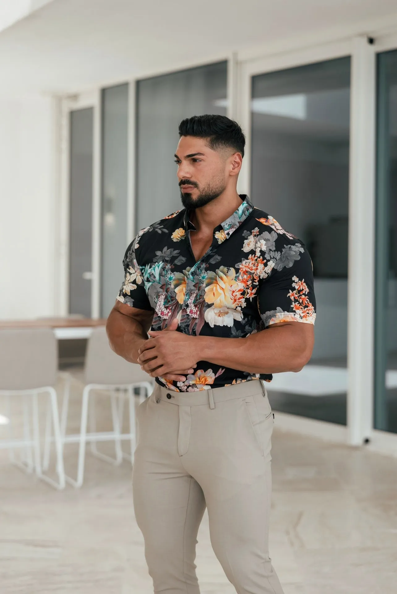 Father Sons Super Slim Stretch Black Mixed Lily Floral Print Short Sleeve with Button Down Collar - FS855 sold by Father Sons