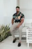 Father Sons Super Slim Stretch Black Mixed Lily Floral Print Short Sleeve with Button Down Collar - FS855 sold by Father Sons
