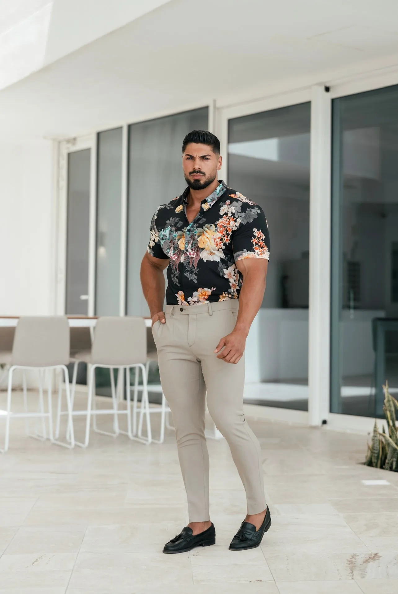 Father Sons Super Slim Stretch Black Mixed Lily Floral Print Short Sleeve with Button Down Collar - FS855 sold by Father Sons product image thumbnail 4