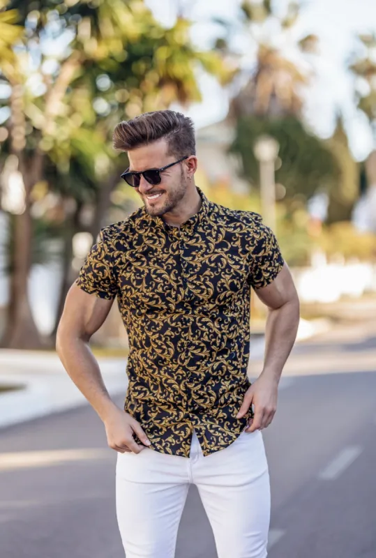 Father Sons Super Slim Stretch Black / Gold Scroll Print Short Sleeve with Button Down Collar - FS809 sold by Father Sons
