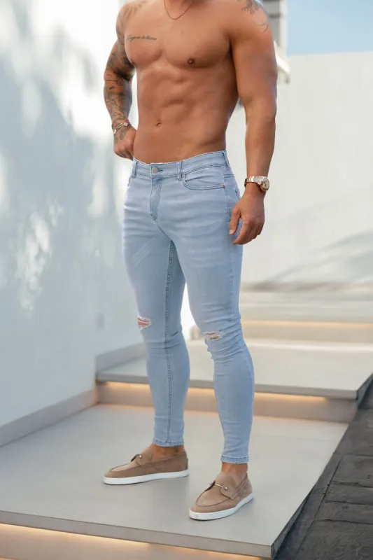 Father Sons Ultra Stretch Mid Blue Slim Jeans Bleached with Knee Rips - FSJEAN012 sold by Father Sons