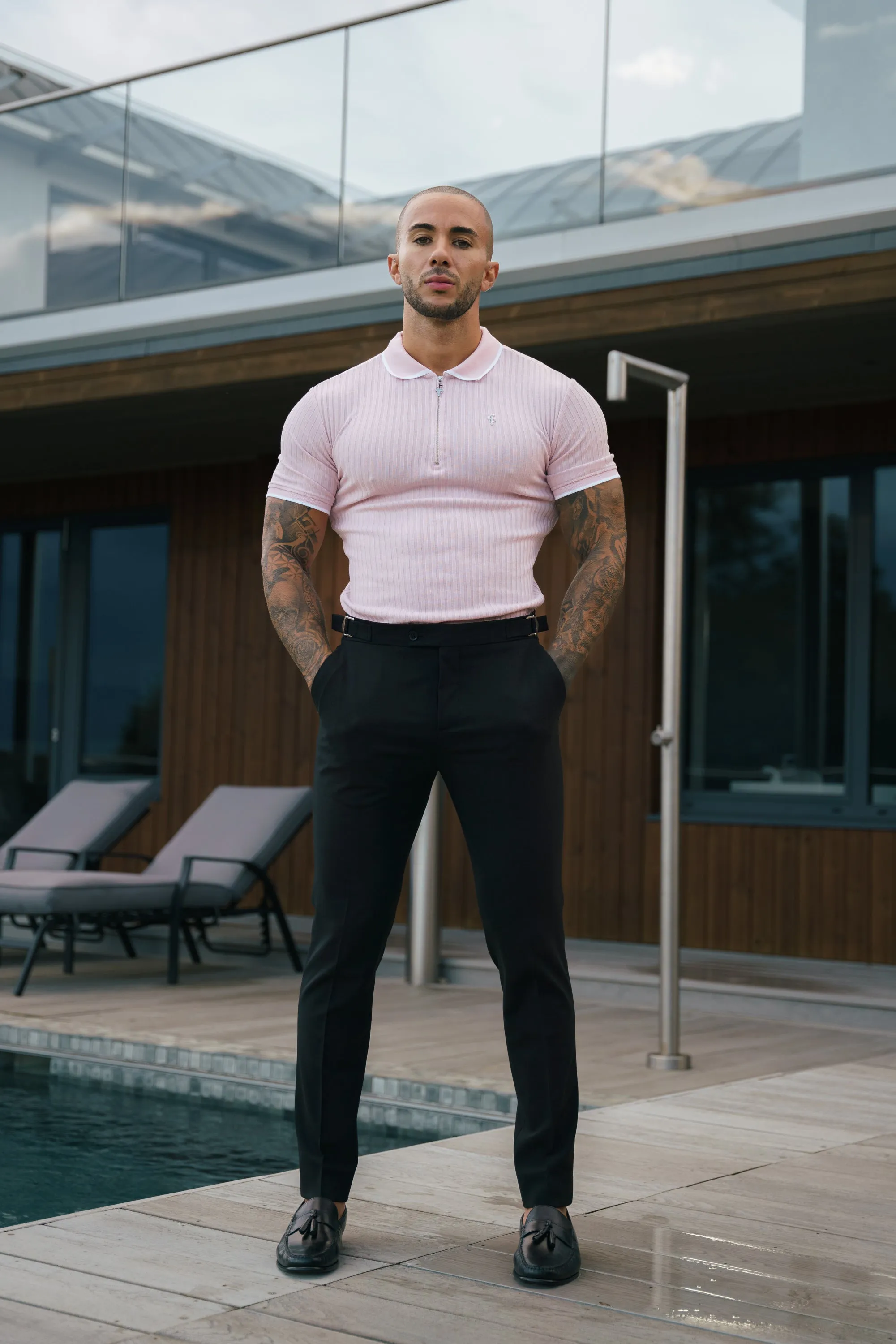Classic Powder Pink Ribbed Zip Polo with Contrast Short Sleeve - FSH1105 sold by Father Sons product image thumbnail 3