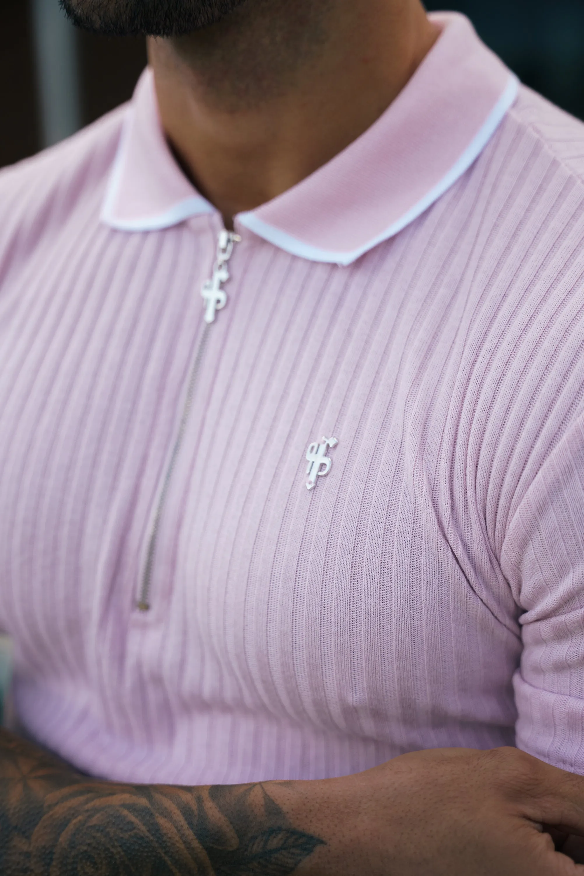 Classic Powder Pink Ribbed Zip Polo with Contrast Short Sleeve - FSH1105 sold by Father Sons product image thumbnail 2