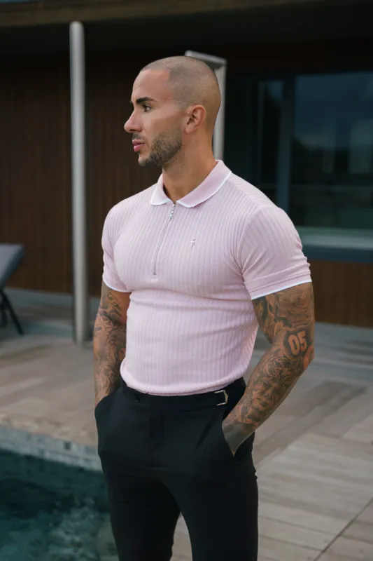 Classic Powder Pink Ribbed Zip Polo with Contrast Short Sleeve - FSH1105 sold by Father Sons