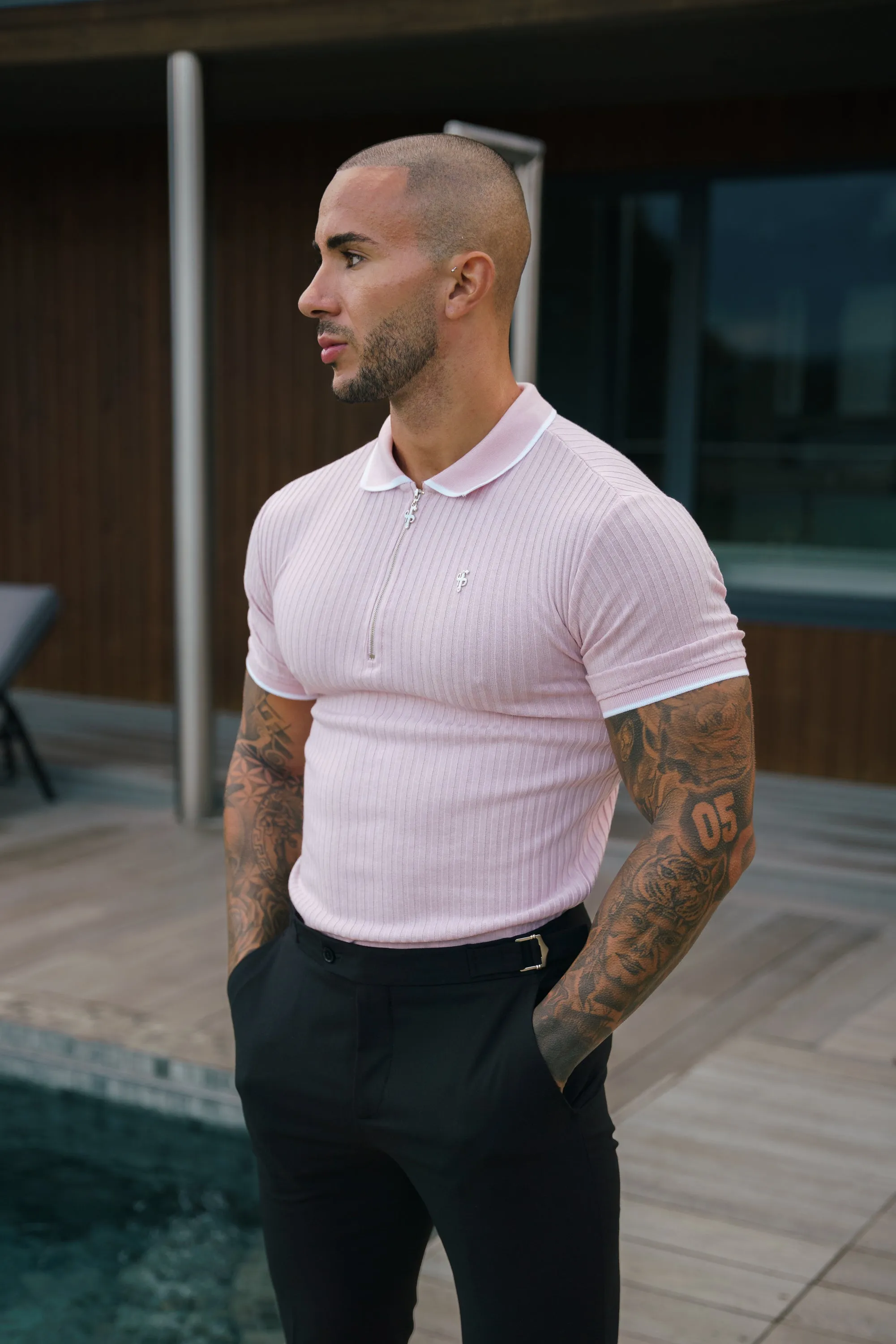 Classic Powder Pink Ribbed Zip Polo with Contrast Short Sleeve - FSH1105 sold by Father Sons