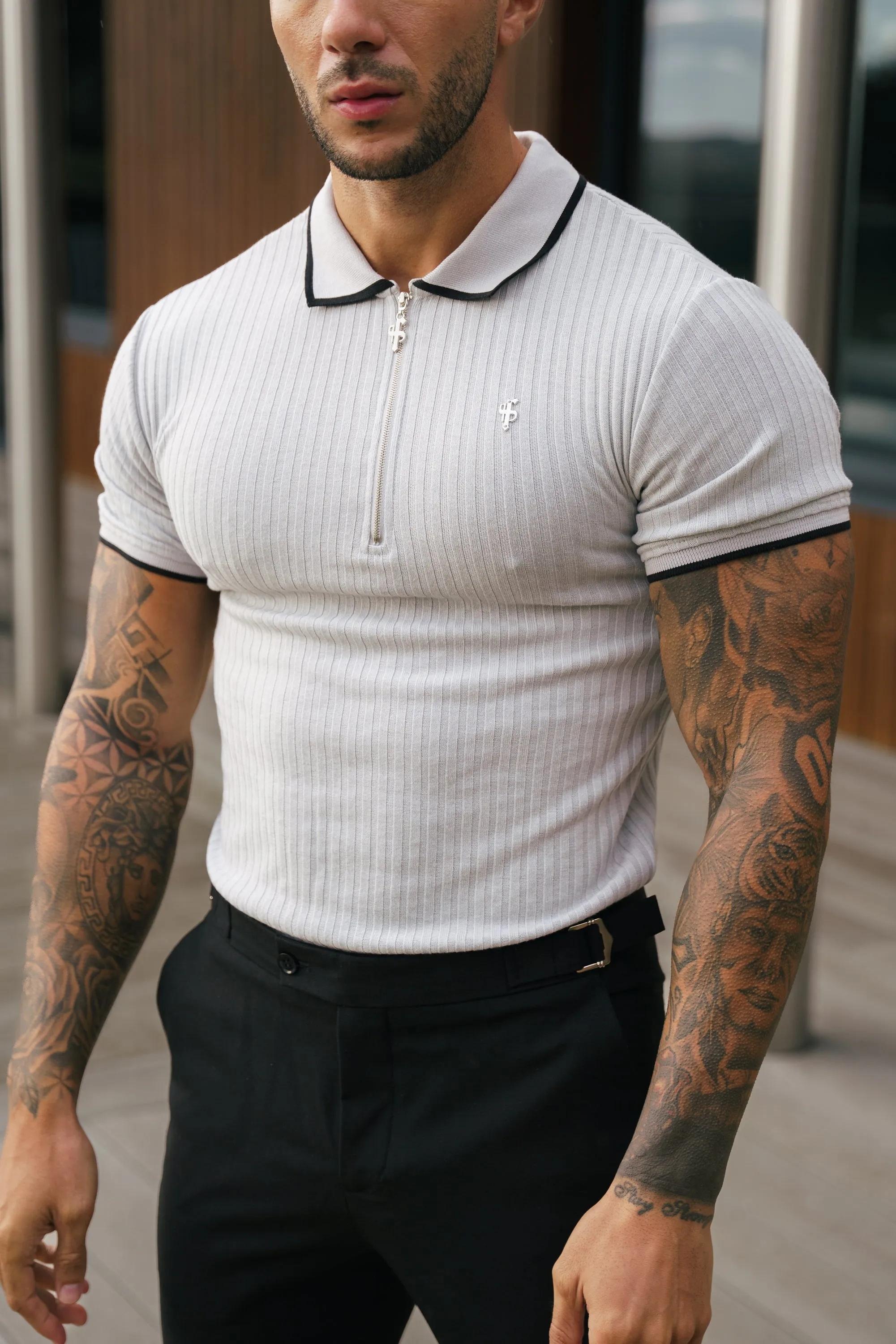 Classic Grey Ribbed Zip Polo with Contrast Short Sleeve - FSH1108 sold by Father Sons