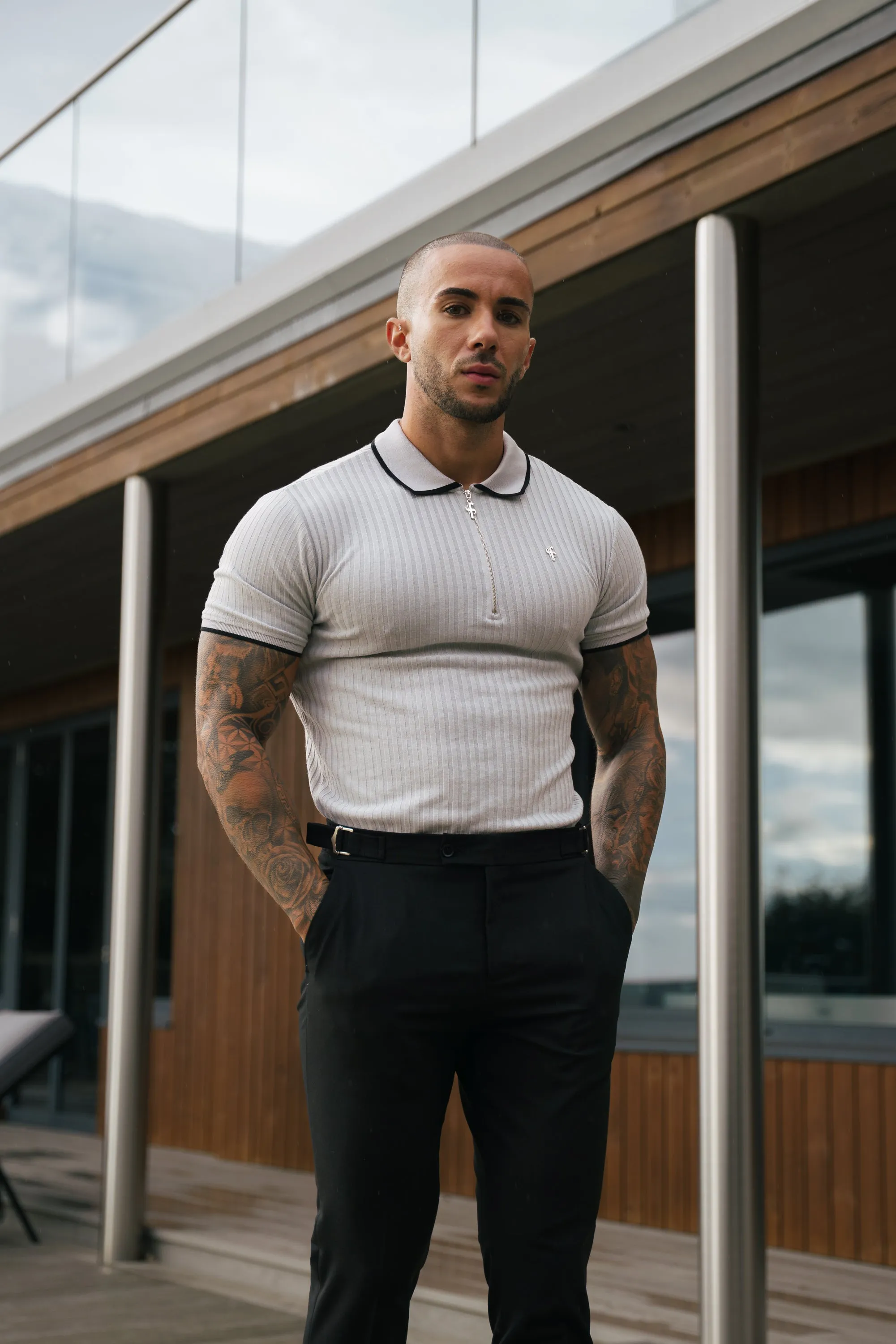 Classic Grey Ribbed Zip Polo with Contrast Short Sleeve - FSH1108 sold by Father Sons product image thumbnail 2