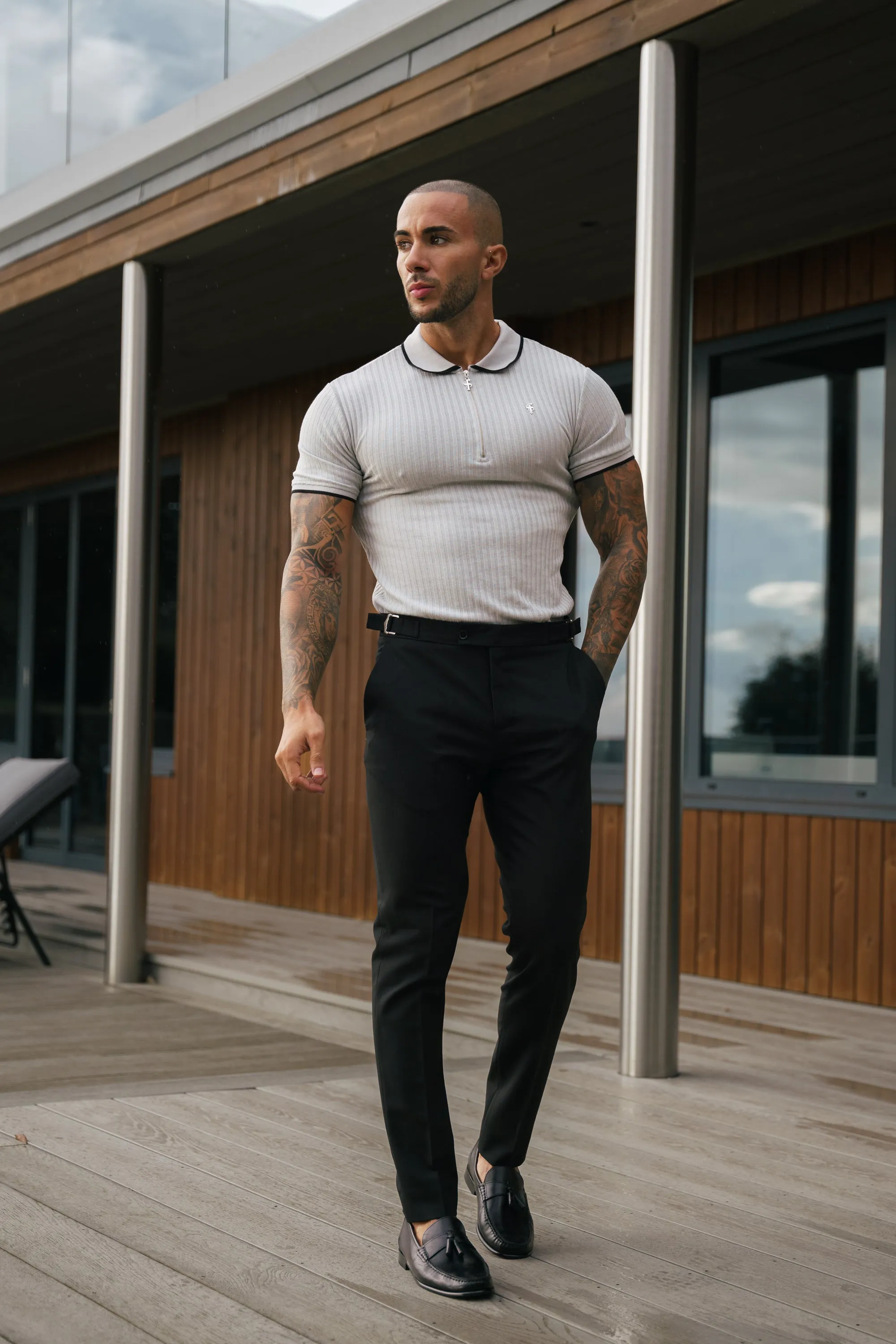 Classic Grey Ribbed Zip Polo with Contrast Short Sleeve - FSH1108 sold by Father Sons product image thumbnail 3