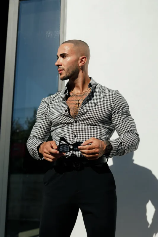 FS Super Slim Stretch White / Black Check Long Sleeve with Button Down Collar - FS1069 sold by Father Sons