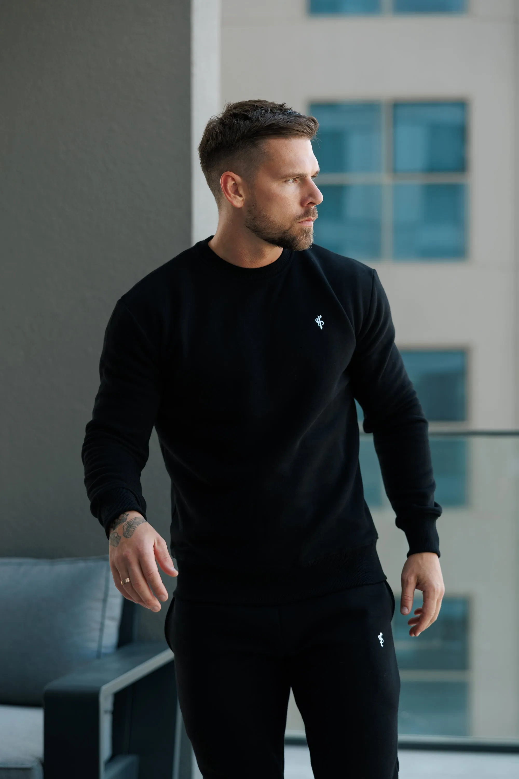 FS Plain Black Crew Sweater With FS Branding - FSH1183 sold by Father Sons