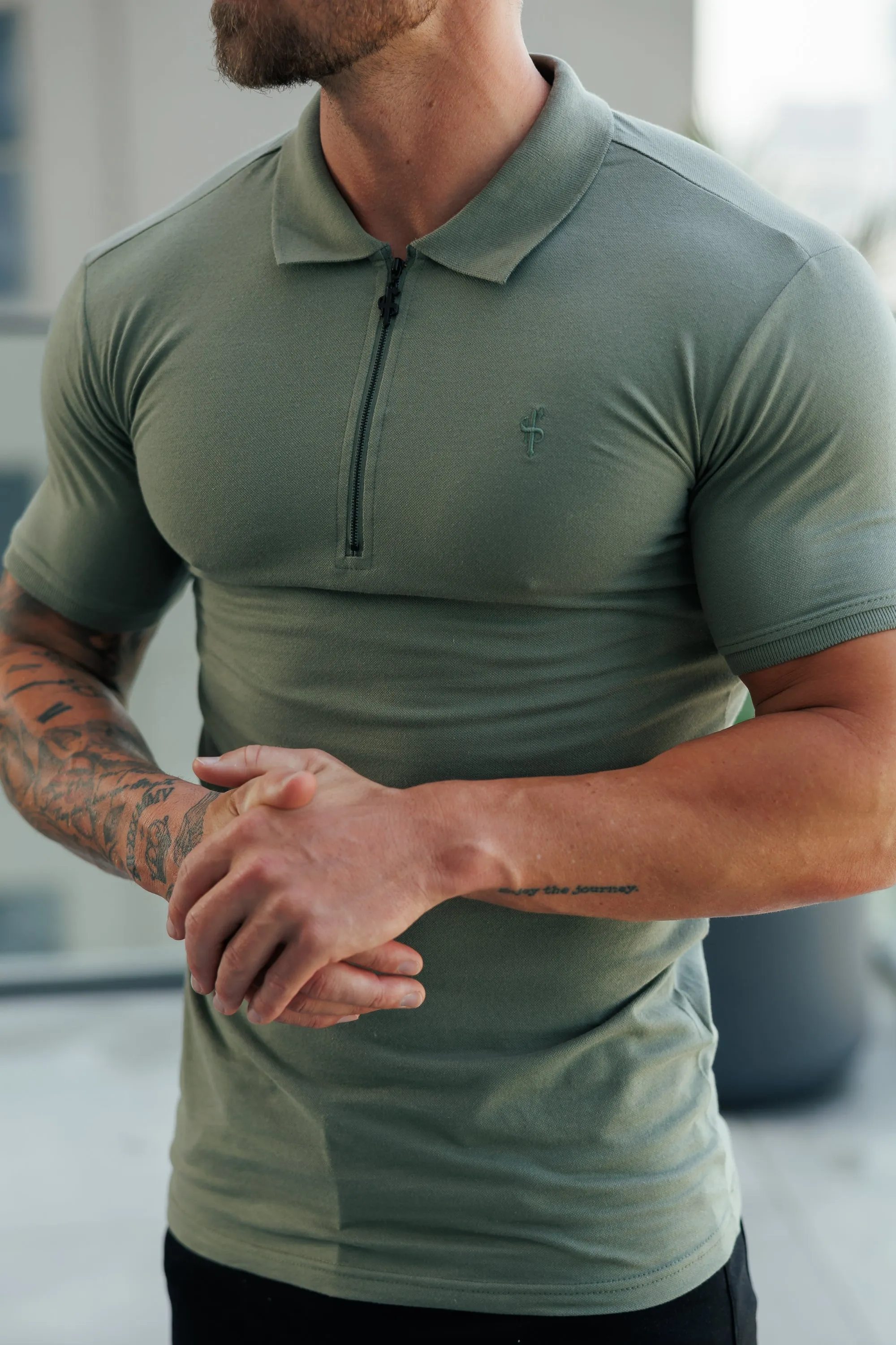 Classic Olive and Black Zipped Polo Shirt - FSH1230 sold by Father Sons product image thumbnail 5