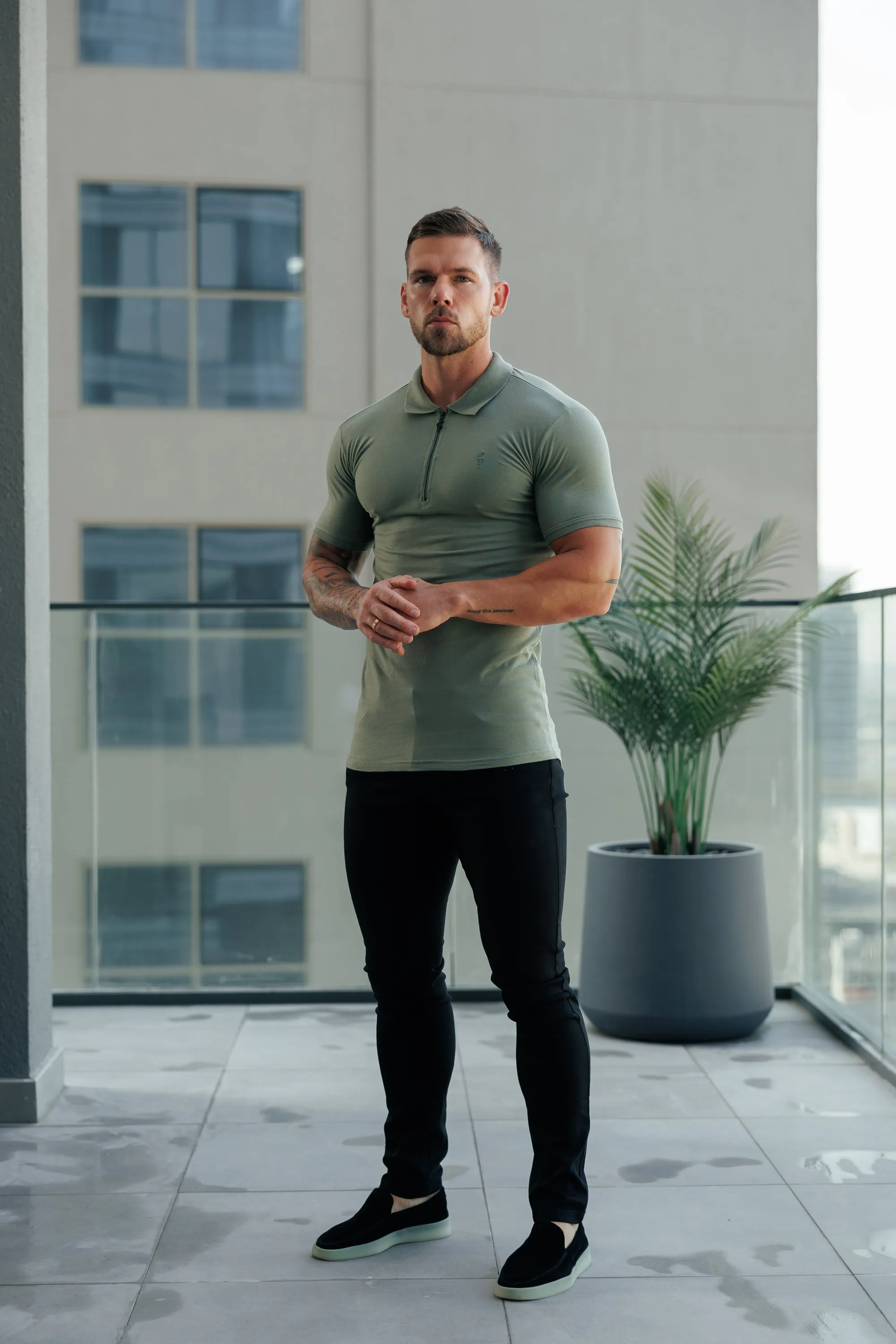 Classic Olive and Black Zipped Polo Shirt - FSH1230 sold by Father Sons product image thumbnail 3